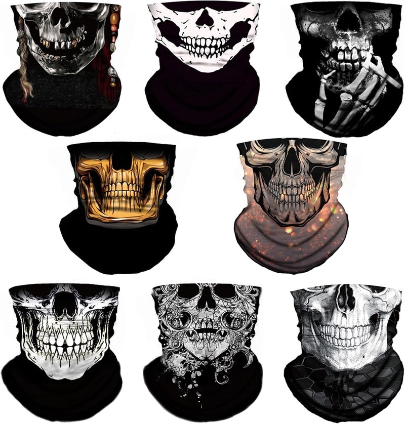 M-YOUNG 8 Pack Neck Gaiter Skull Motorcycle Face Mask for Men Women Face Cover Mask Head Wrap Balaclava Headwear - Image 1